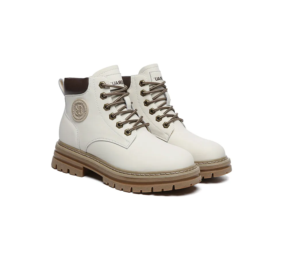 EVERAU® UGG Boots Women Leather Sheepskin Wool Lace Up Chunky Aubrey