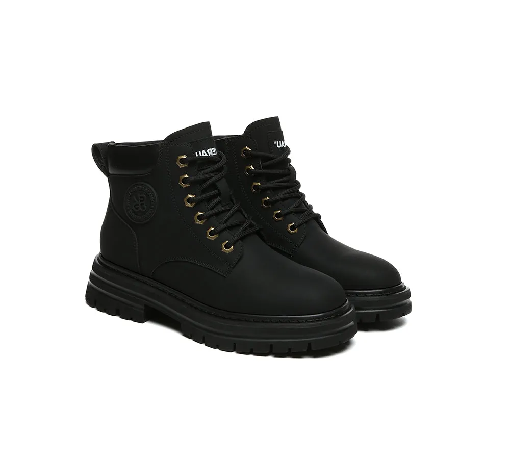 EVERAU® UGG Boots Women Leather Sheepskin Wool Lace Up Chunky Aubrey