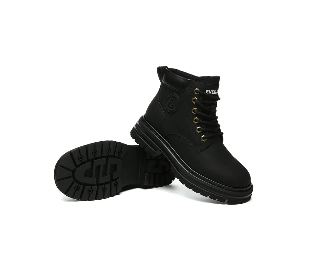 EVERAU® UGG Boots Women Leather Sheepskin Wool Lace Up Chunky Aubrey